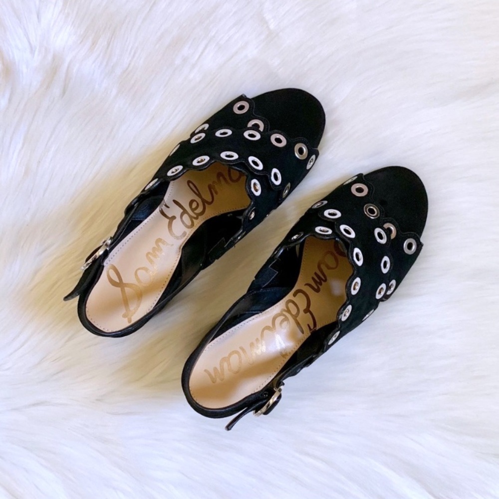 Sam Edelman Black Suede Grommet Block Heel Sandals - Picture 5 of 8